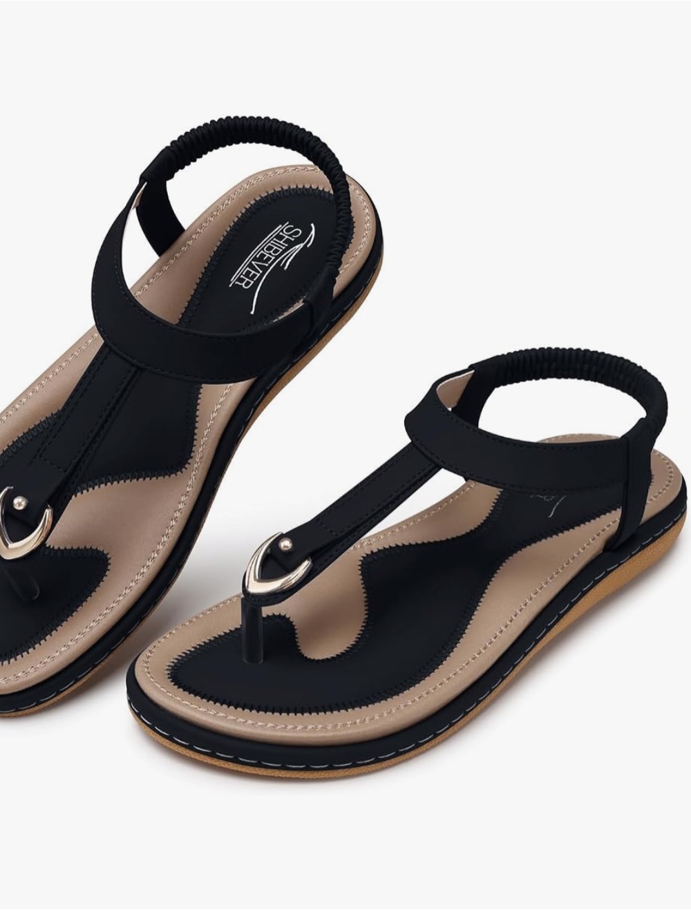 SHIBEVER Womens Dressy Casual Flats Sandals black tan gold size EU 35